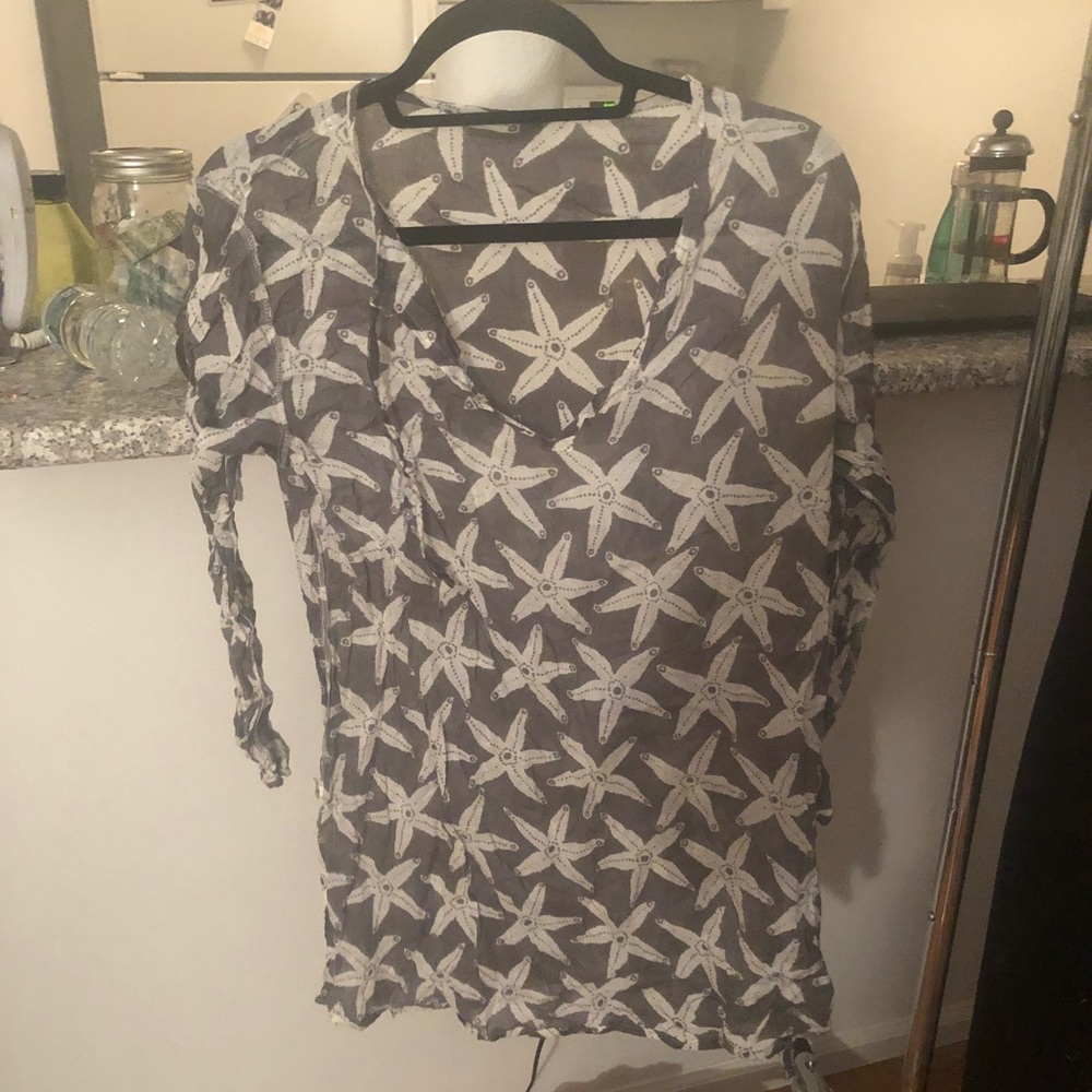 Grey and white linen beach cover up